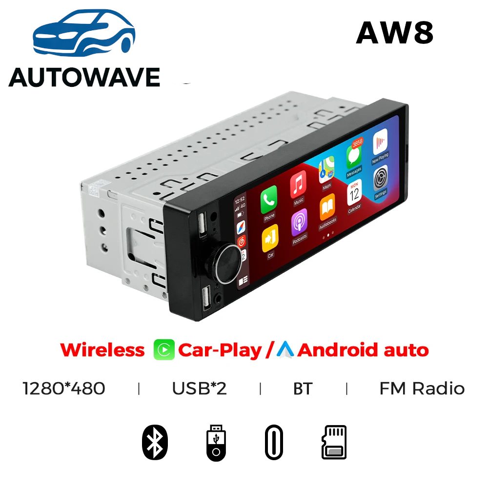 AutoWave 1DIN Bluetooth Radio Compatible with Wireless CarPlay/Android Auto