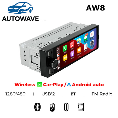 AutoWave 1DIN Bluetooth Radio Compatible with Wireless CarPlay/Android Auto