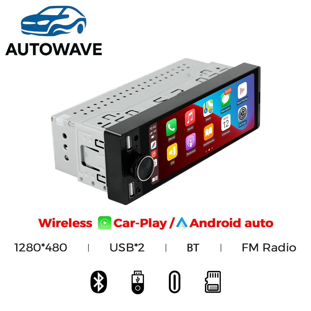 AutoWave 1DIN Bluetooth Radio Compatible with Wireless CarPlay/Android Auto