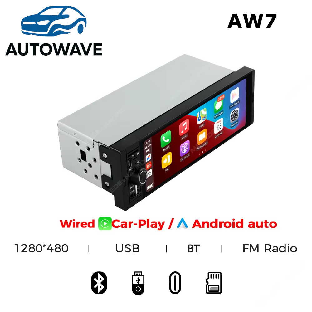 AutoWave 1DIN Bluetooth Radio Compatible with Wireless CarPlay/Android Auto
