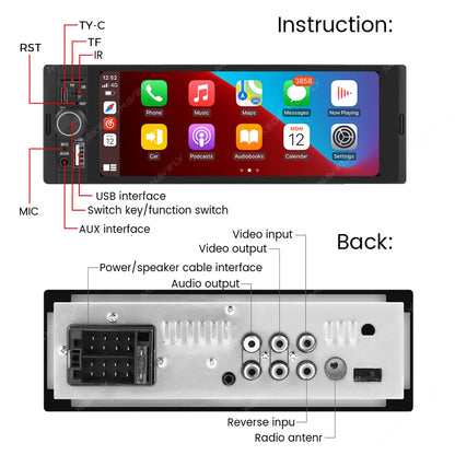AutoWave 1DIN Bluetooth Radio Compatible with Wireless CarPlay/Android Auto