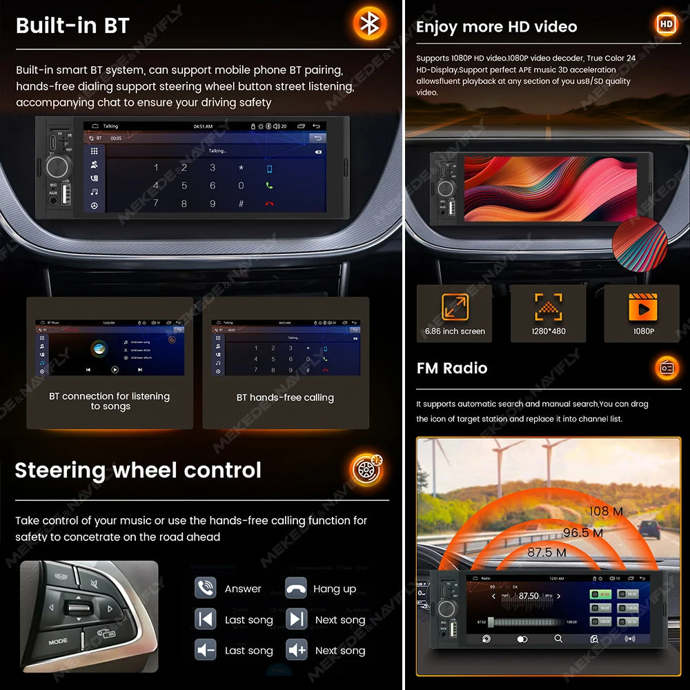 AutoWave 1DIN Bluetooth Radio Compatible with Wireless CarPlay/Android Auto