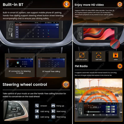 AutoWave 1DIN Bluetooth Radio Compatible with Wireless CarPlay/Android Auto