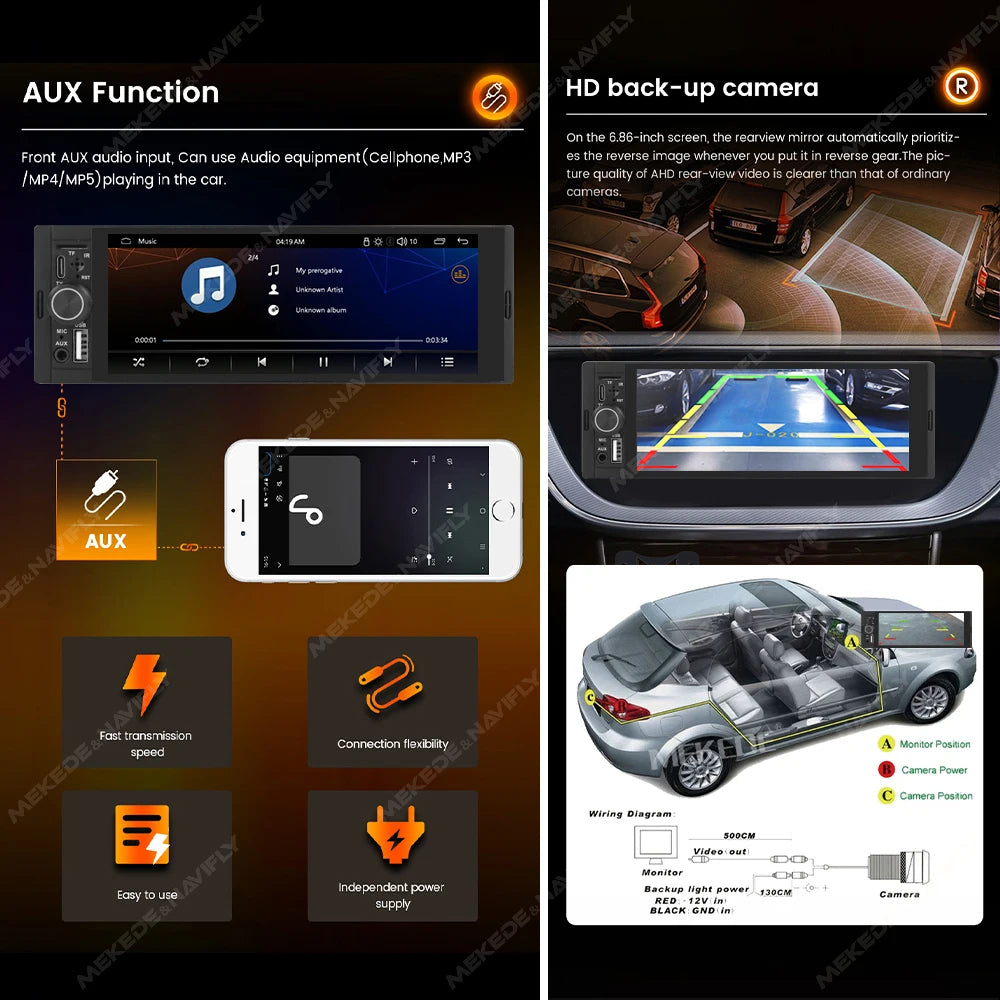 AutoWave 1DIN Bluetooth Radio Compatible with Wireless CarPlay/Android Auto