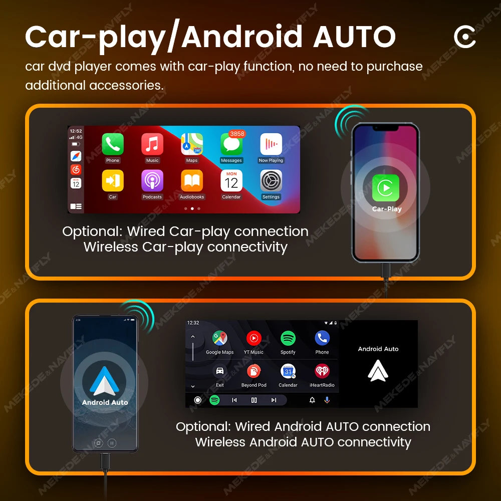 AutoWave 1DIN Bluetooth Radio Compatible with Wireless CarPlay/Android Auto
